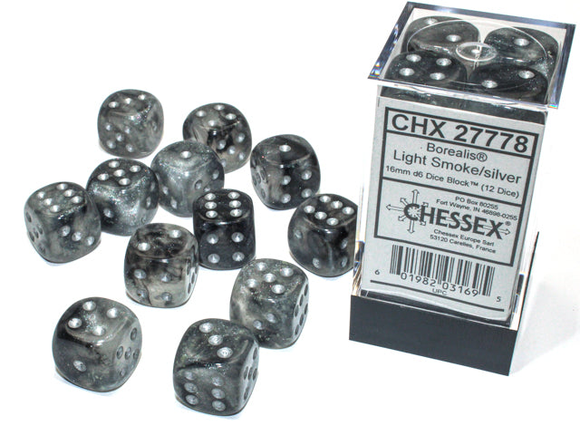 Borealis Light Smoke/silver Luminary 16mm d6 Dice Block (12 dice)