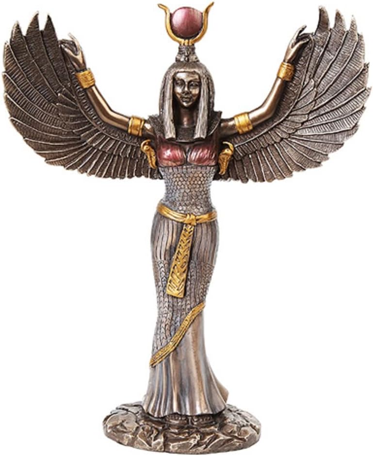 Egyptian Theme Isis Mythological Bronze Finish Figurine With Open Wings Goddess of Magic Statue Sculpture