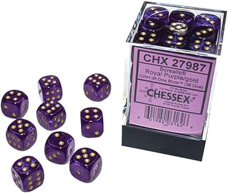 Borealis 12mm d6 Royal Purple/Gold Luminary Dice Block (36 dice)
