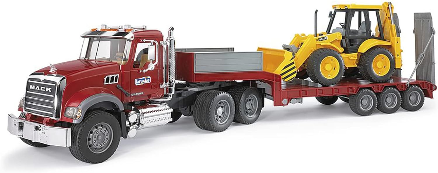 Bruder Toys - Mack Granite Flatbed Truck with JCB Loader Backhoe