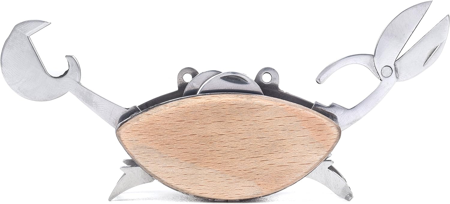 Kikkerland Stainless Steel Beechwood Crab Compact EDC Multi Tool - 6 Tools